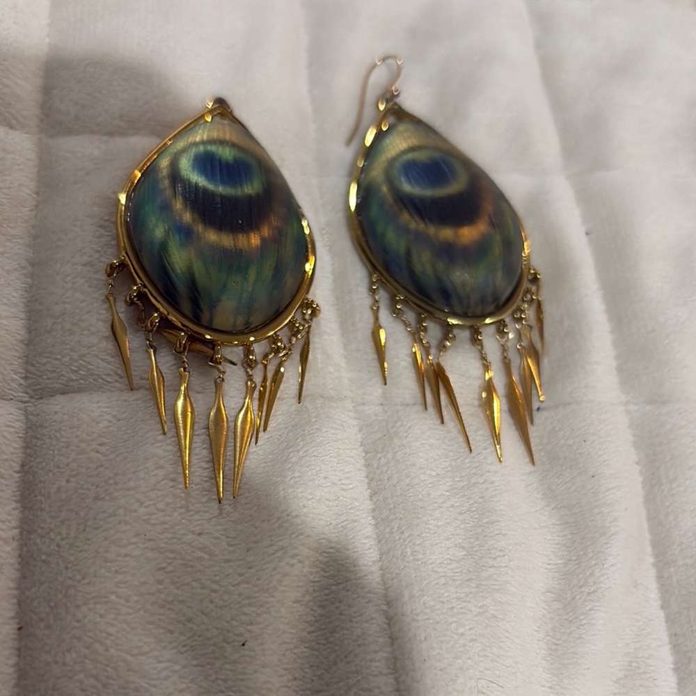 Peacock Feather Gold Dangle Earrings